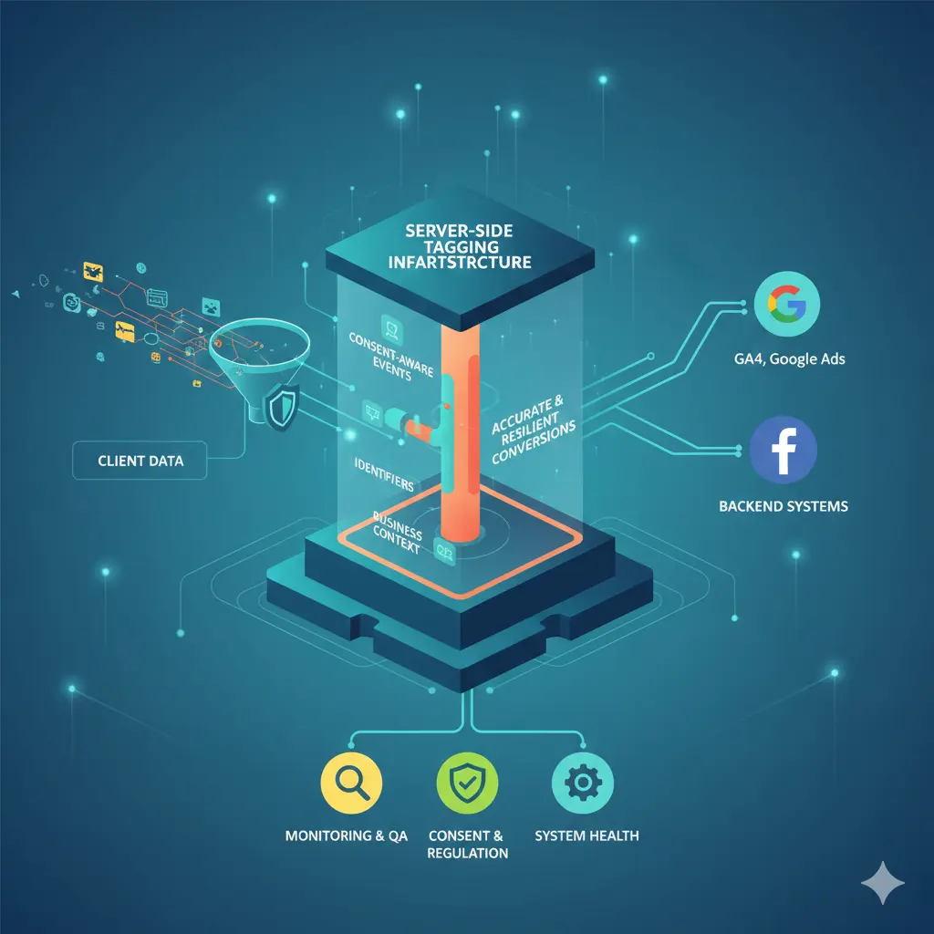 Server-side tagging architecture diagram showing client and server event flows