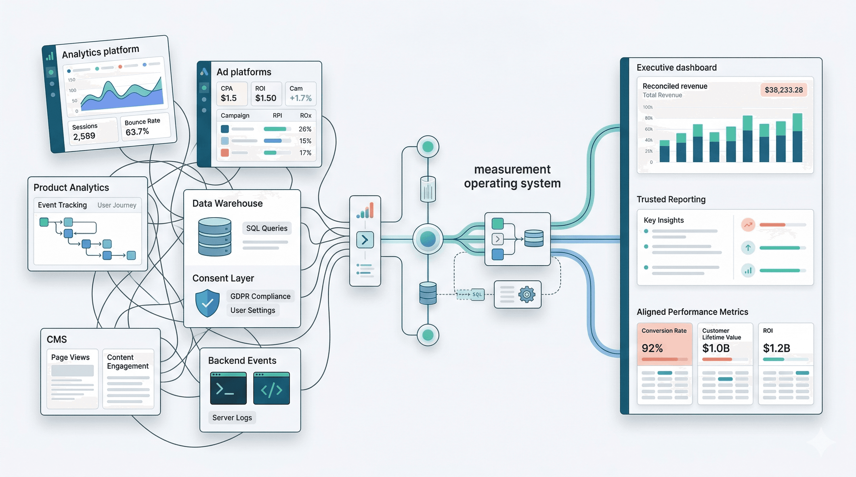 Executive dashboard illustration showing reconciled revenue, explained variance, and trusted business reporting